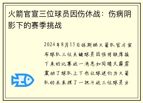 火箭官宣三位球员因伤休战：伤病阴影下的赛季挑战